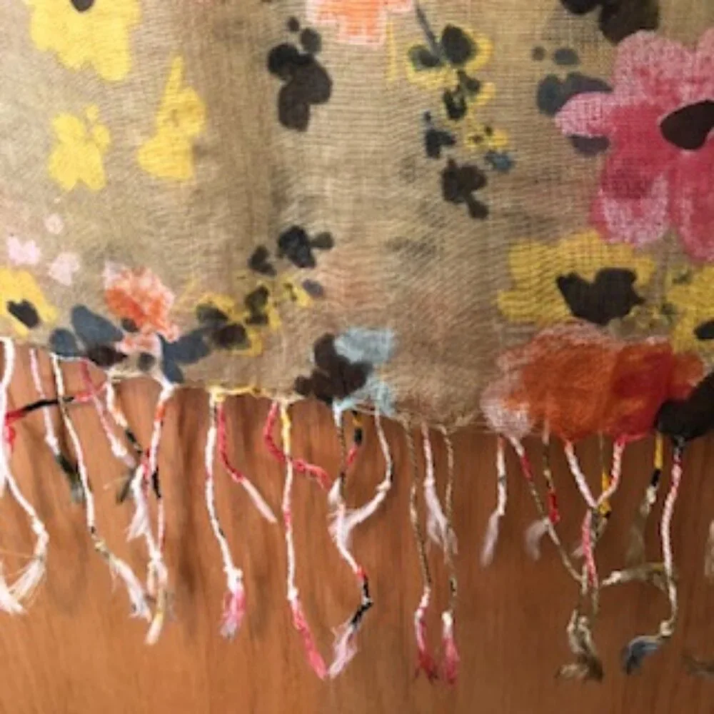 3/$15 Vintage Oversized Woven Scarf Wrap Floral Fringe Tan Pink Coral